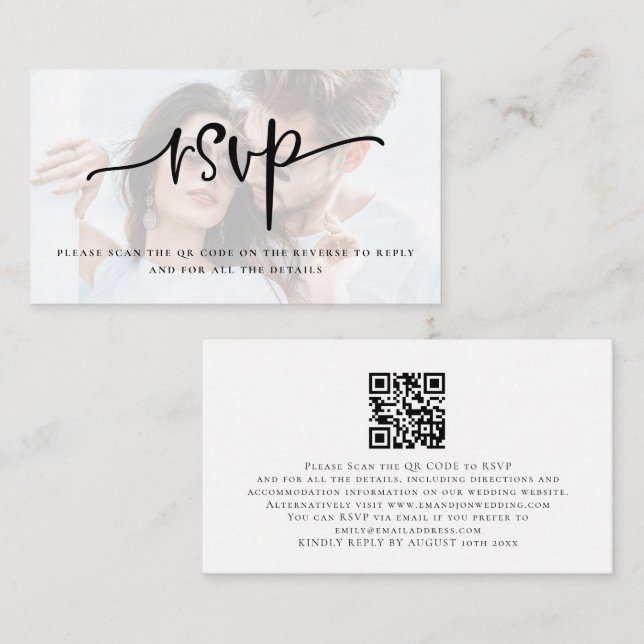 Tarjeta De Recepción Guión de superposición de fotografía Boda de códig (Anverso / Reverso)