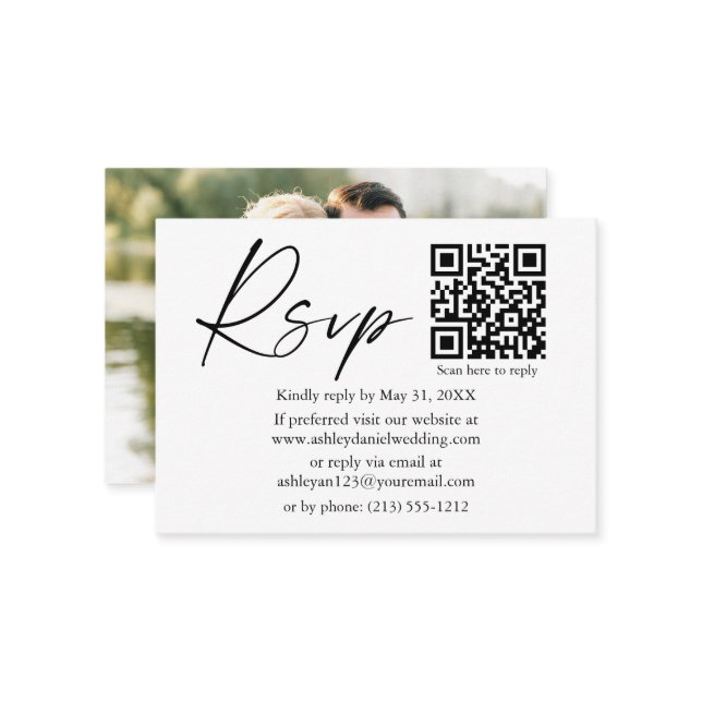 Tarjeta De Recepción Guión de tinta caligrafía QR Boda fotográfica RSVP (Anverso/Reverso In Situ)
