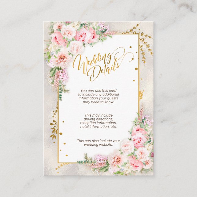 Tarjeta De Recepción Guión dorado con flores rosadas y detalles del mar (Anverso)