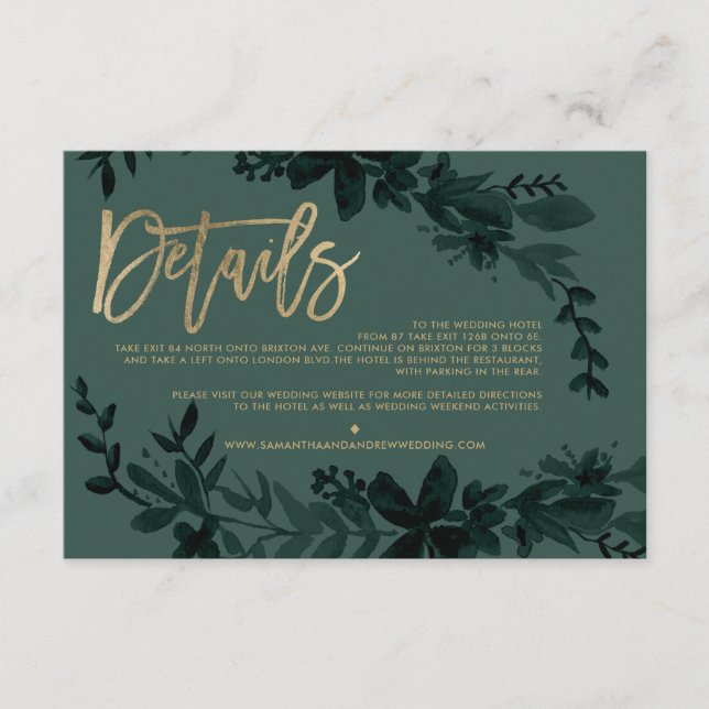 Tarjeta De Recepción Guión dorado Dirección del boda verde profundo flo (Anverso)