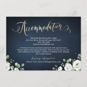 Tarjeta De Recepción Guión dorado moderno Alojamiento floral blanco mar