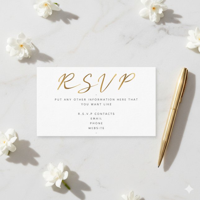 Tarjeta De Recepción Guión efecto dorado, blanco RSVP (Gold and white wedding R.S.V.P enclosure card.)