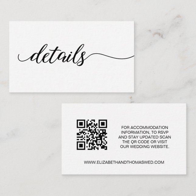 Tarjeta De Recepción Guión elegante Boda de detalles sitio web código Q (Anverso / Reverso)