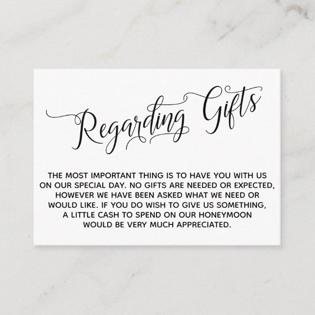 Tarjeta De Recepción Guión elegante con respecto a los regalos para el  (Anverso)