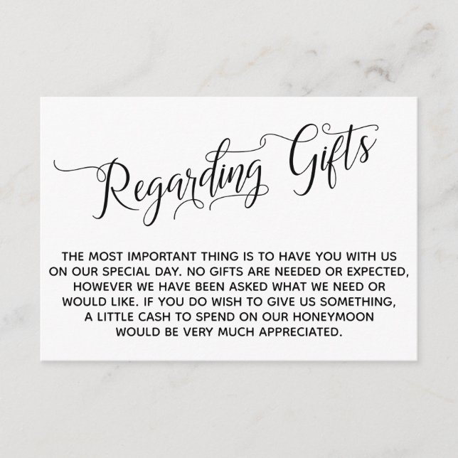 Tarjeta De Recepción Guión elegante con respecto a los regalos para el  (Anverso)