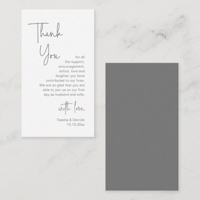 Tarjeta De Recepción Guión gris oscuro moderno, Boda Gracias (Anverso / Reverso)