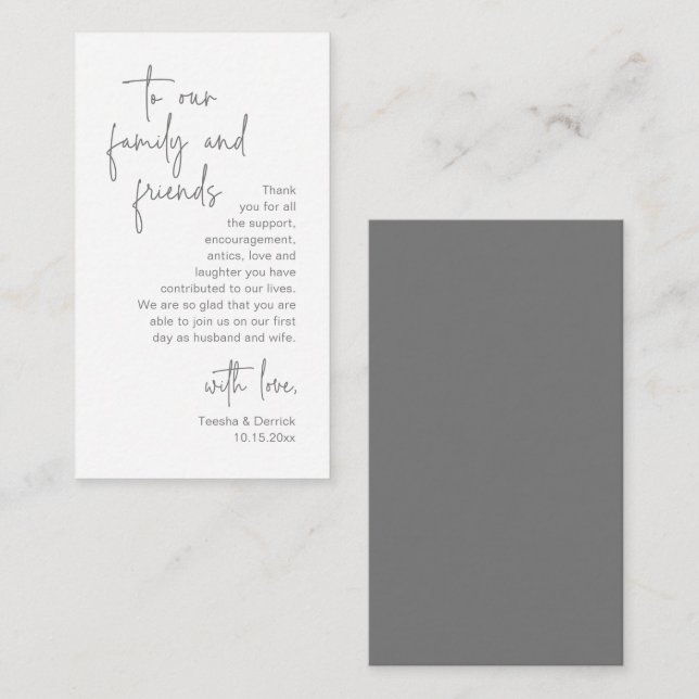 Tarjeta De Recepción Guión gris oscuro moderno, Boda Gracias (Anverso / Reverso)