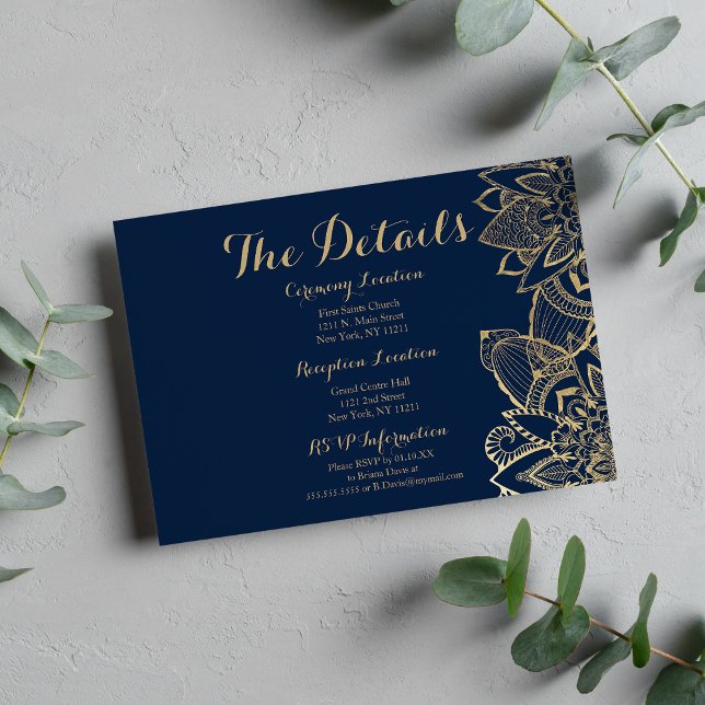 Tarjeta De Recepción Guión manuscrito detalles de la mandala dorada azu (Handwritten script navy blue gold mandala details)