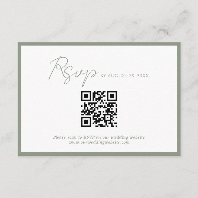 Tarjeta De Recepción Guión mínimo Borde verde QR Boda de código Rsvp (Anverso)