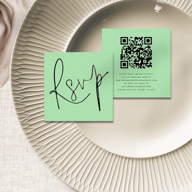 Tarjeta De Recepción Guión moderno Código QR Celadon Green Wedding RSVP (Front and back view)