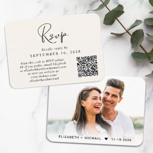 Tarjeta De Recepción Guión moderno Código QR Foto Boda crema RSVP