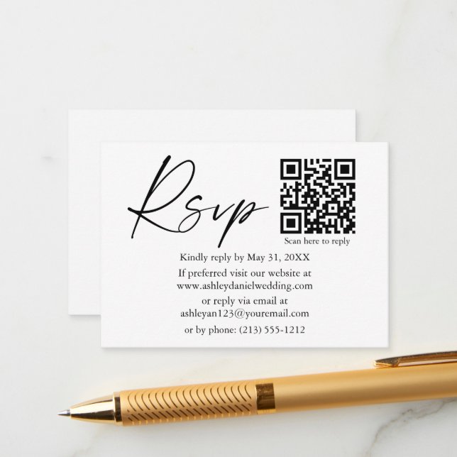 Tarjeta De Recepción Guión moderno de caligrafía Tinta QR Wedding RSVP (Anverso/Reverso In Situ)