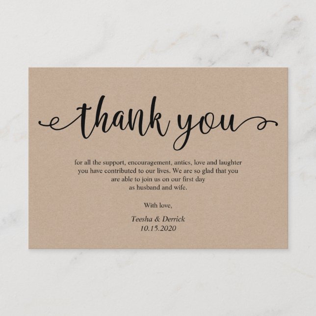 Tarjeta De Recepción Guión negro kraft rústico, Boda Gracias (Anverso)