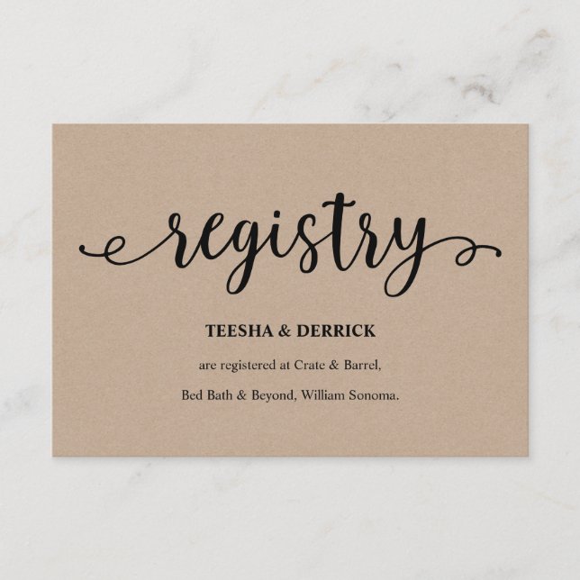Tarjeta De Recepción Guión negro kraft rústico, Registro Boda (Anverso)