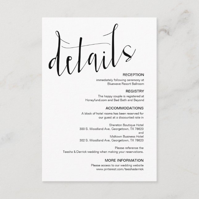 Tarjeta De Recepción Guión negro moderno, detalles editables del Boda (Anverso)