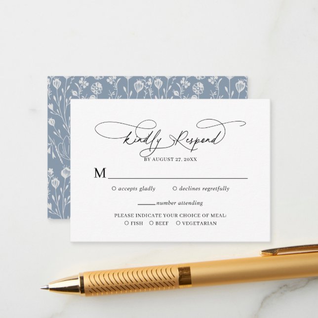 Tarjeta De Recepción Guión Presupuesto Floral Dusty Blue Wedding Rsvp (Anverso/Reverso In Situ)