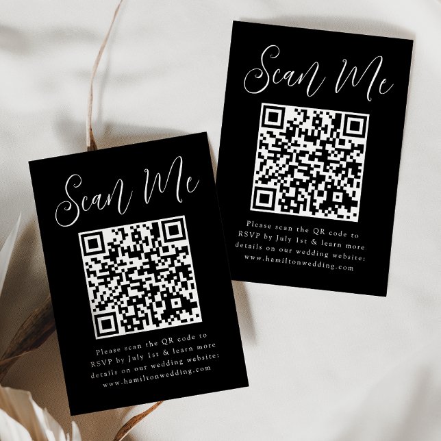 Tarjeta De Recepción Guión simple Boda de código QR en blanco y negro R (Subido por el creador)