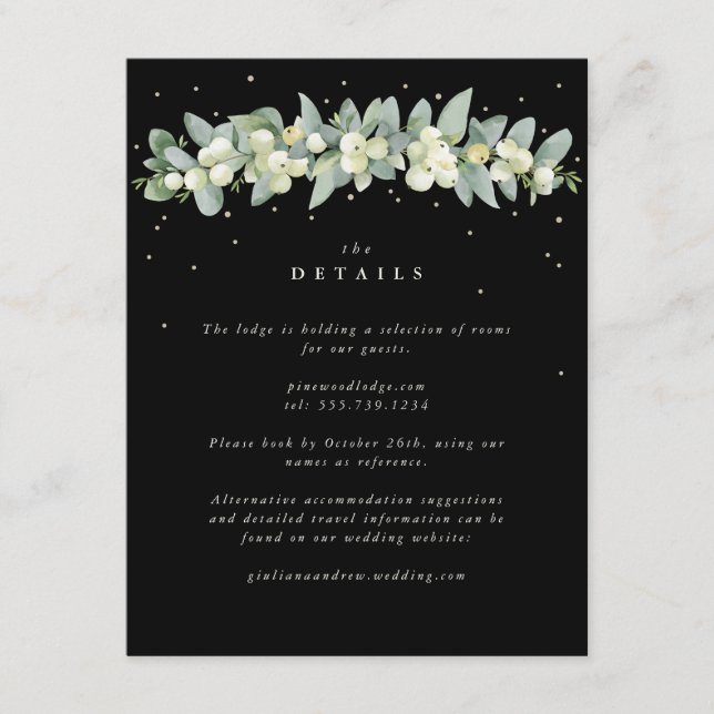 Tarjeta De Recepción Guirnalda de boda de baya de nieve negra + eucalip (Anverso)
