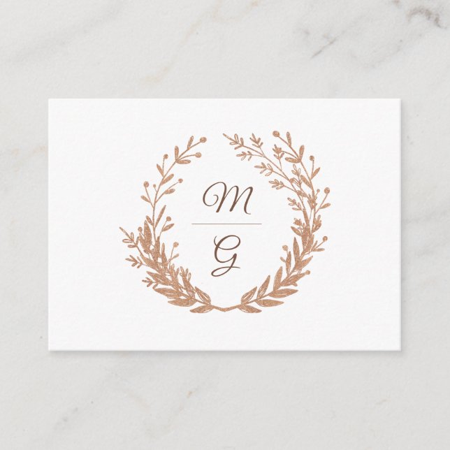 Tarjeta De Recepción Guirnalda elegante de monograma follaje dorado. Bo (Anverso)