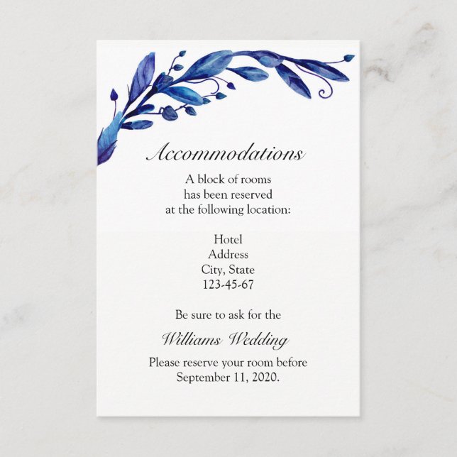 Tarjeta De Recepción Habitaciones azules. Detalles de la boda de invier (Anverso)