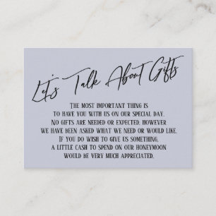 Tarjeta De Recepción Hablemos de regalos, escritura a mano, azul turbio