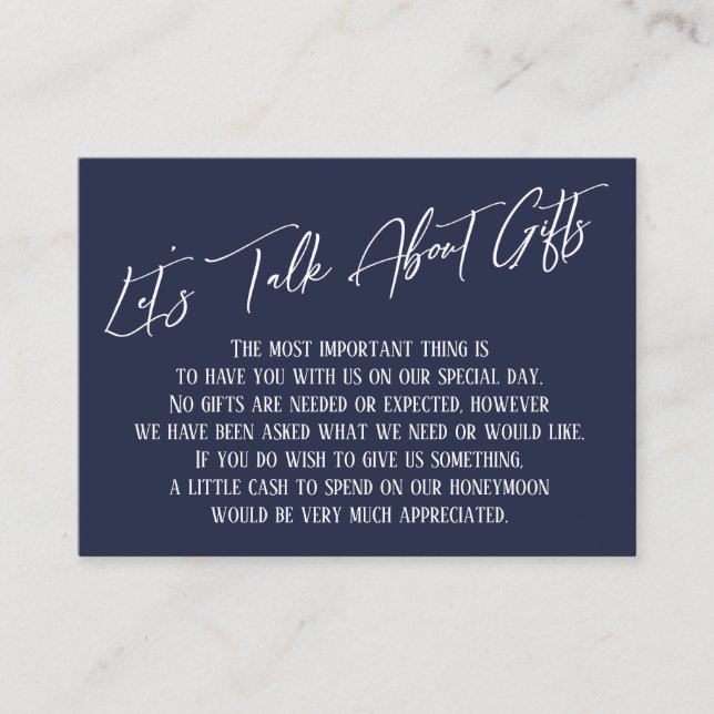 Tarjeta De Recepción Hablemos de Regalos Letra a Mano Azul Marino (Anverso)