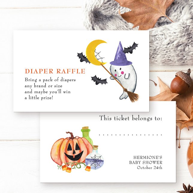 Tarjeta De Recepción Halloween Baby Shower Cute Ghost Diaper Raffle (Halloween Baby Shower diaper raffle tickets with cute ghost, pumpkin and magic baby making potions)