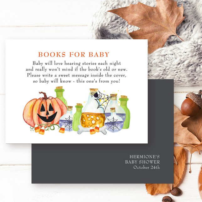 Tarjeta De Recepción Halloween Baby Shower Magic Potion Baby Shower (Halloween Baby Shower book request cards with cute pumpkin and magic baby making potions)