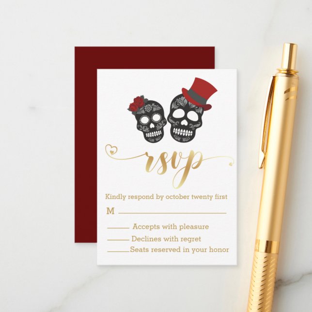 Tarjeta De Recepción halloween esqueletos del guión oro rsvp boda (Anverso/Reverso In Situ)
