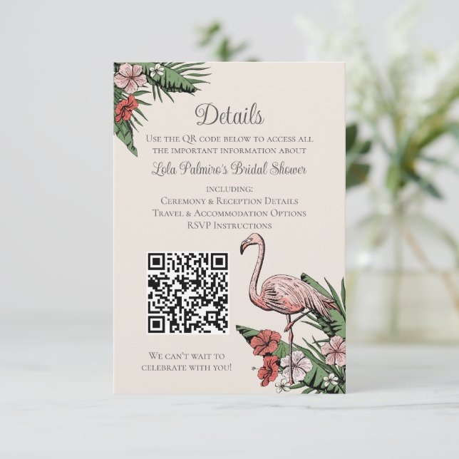 Tarjeta De Recepción Hand-Drawn Tropical Flamingo QR Code Wedding Card (Anverso de pie)
