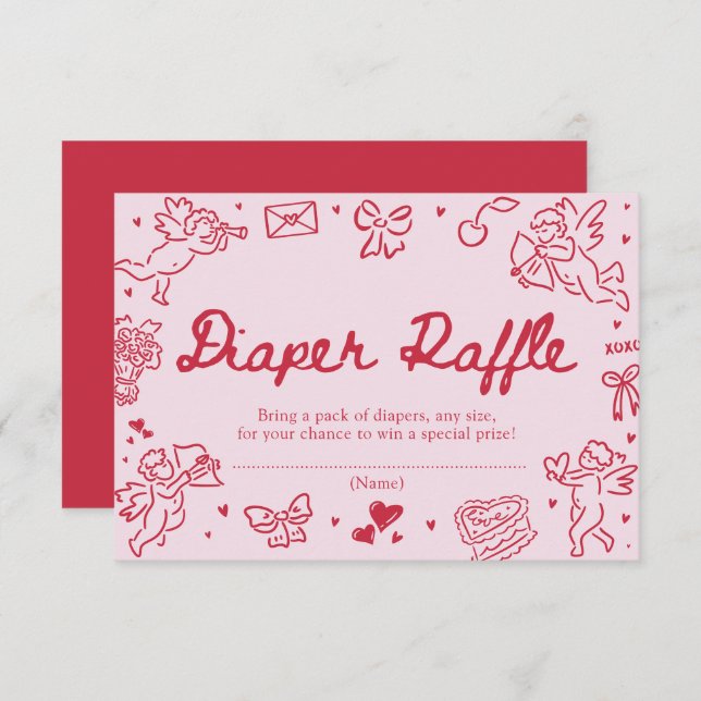 Tarjeta De Recepción Hand Drawn Valentine Baby Shower Diaper Raffle (Anverso / Reverso)