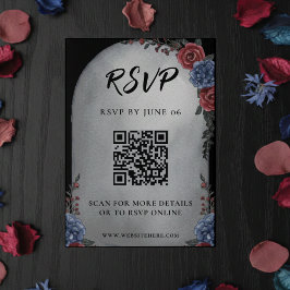 Tarjeta De Recepción Headstone Floral Gothic Wedding QR Code RSVP
