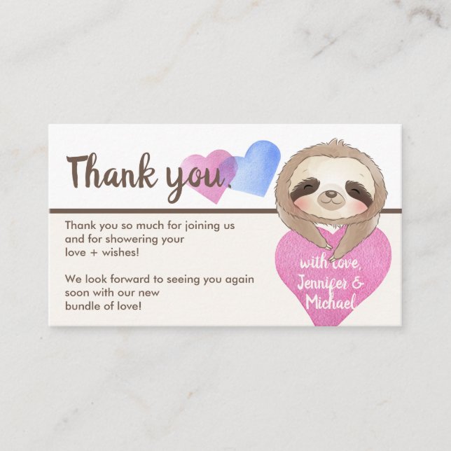 Tarjeta De Recepción Heart Cute Baby Sloth Gracias (Anverso)