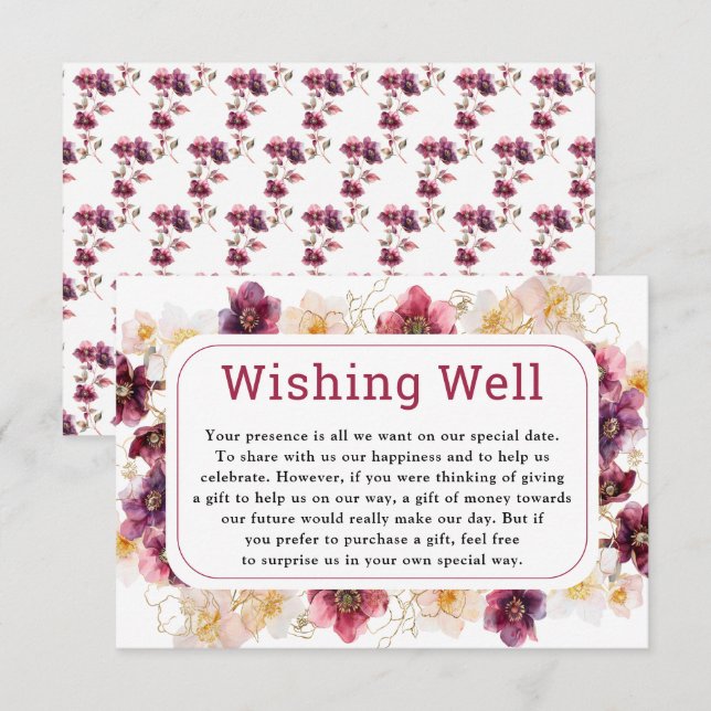 Tarjeta De Recepción Hellebore Floral Burgundy Wedding Wishing Well (Anverso / Reverso)
