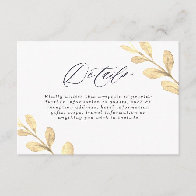 Tarjeta De Recepción Hermosa acuarela de hojas doradas Boda elegante (Anverso)