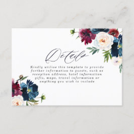 Tarjeta De Recepción Hermosa boda floral de color rojo borgoña navy con