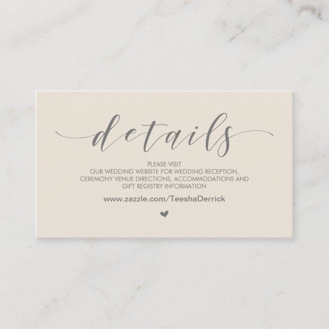 Tarjeta De Recepción Hermosa crema gris, detalles de sitio web Boda (Anverso)