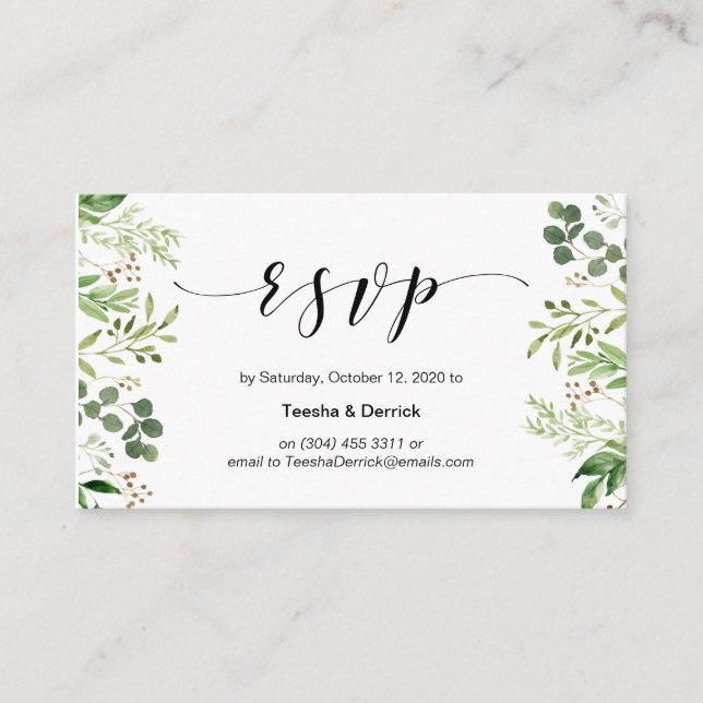 Tarjeta De Recepción Hermosa vegetación, escritura negra, boda RSVP (Anverso)