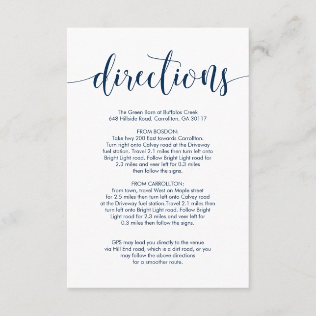 Tarjeta De Recepción Hermosas direcciones de lugares Bodas, fuente azul (Anverso)