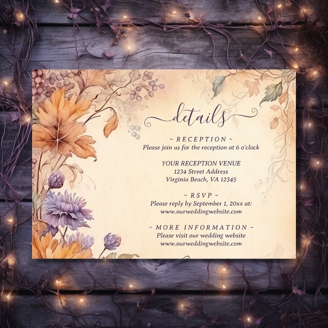 Tarjeta De Recepción Hermosas flores de otoño Bodas de hojas de otoño (Front - Beautiful Autumn Flowers Fall Leaf Wedding Details Enclosure Card)