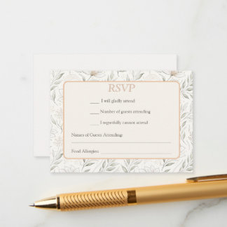 Tarjeta De Recepción Hermosas Flores Dibujadas en Colores Neutros RSVP