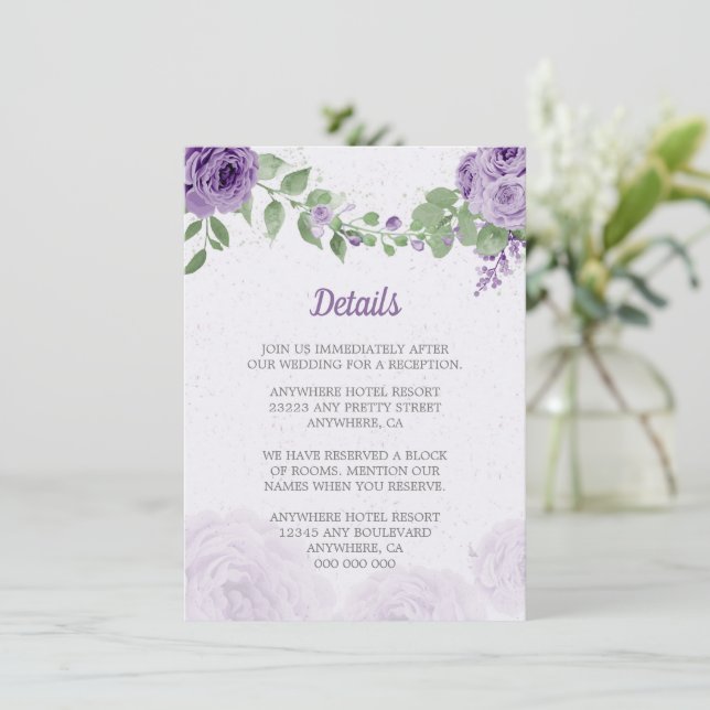 Tarjeta De Recepción hermosas flores moradas hojas verdes botánicas (Anverso de pie)
