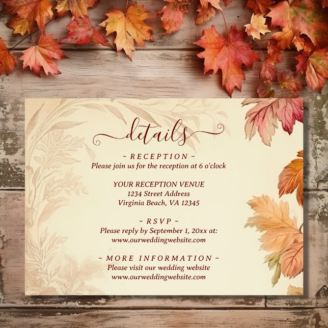 Tarjeta De Recepción Hermosas hojas de otoño en detalles de la boda de  (Front - Fall in Love Beautiful Autumn Leaves Fall Wedding Enclosure Card)