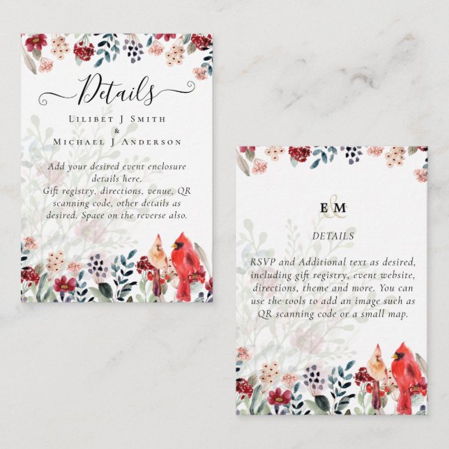 Tarjeta De Recepción Hermoso Boda de Aves CARDINALES Rojas (Anverso / Reverso)