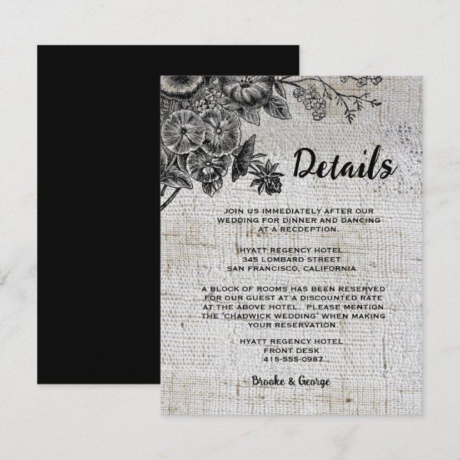 Tarjeta De Recepción Hermoso Boda de flores negras y grises (Anverso / Reverso)