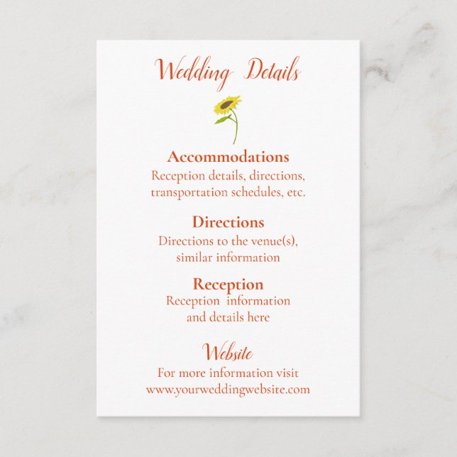 Tarjeta De Recepción Hermoso Boda girasol (Anverso)