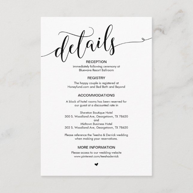Tarjeta De Recepción Hermoso, guión negro, detalles Bodas (Anverso)