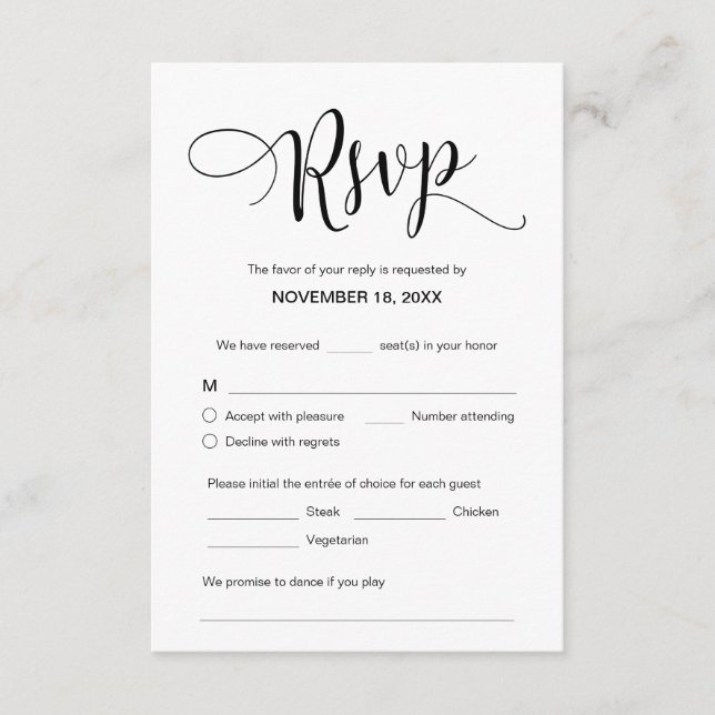 Tarjeta De Recepción Hermoso guión negro, RSVP, Responder (Anverso)