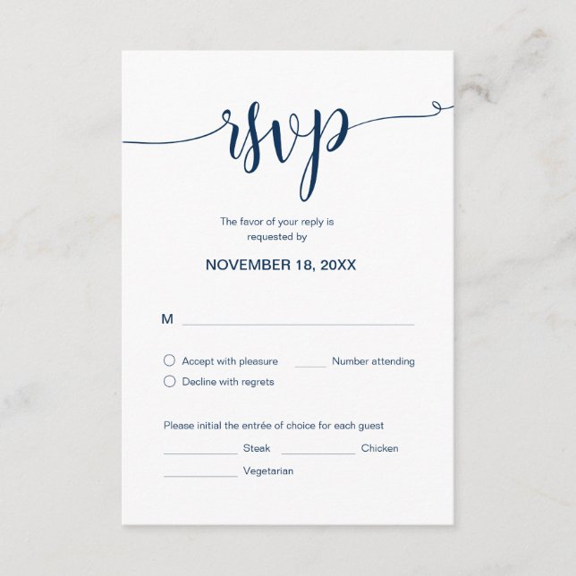 Tarjeta De Recepción Hermoso guión, RSVP, Azul marino, responder (Anverso)