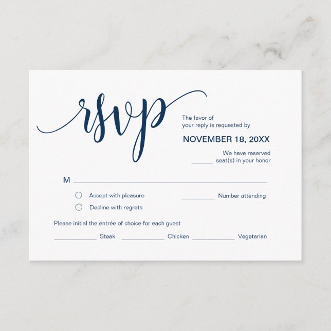 Tarjeta De Recepción Hermoso guión, RSVP, Azul marino, responder (Anverso)
